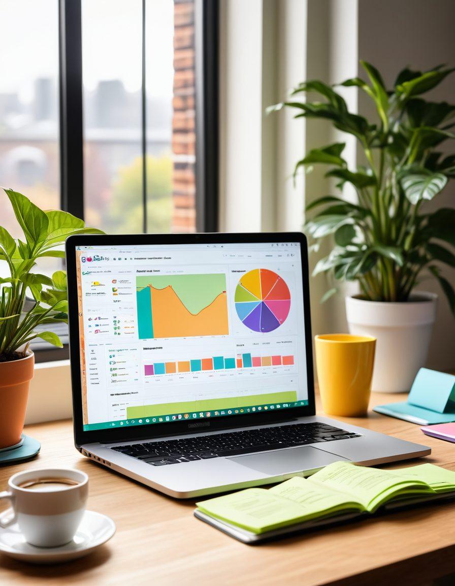An open laptop displaying a beautifully designed blog dashboard with vibrant SEO graphs and analytics, surrounded by colorful sticky notes with community growth tips, coffee mug, and a small plant for a personal touch. A bright window with natural light streaming in enhances the cozy atmosphere, symbolizing growth and creativity. super-realistic. vibrant colors. cozy home office.