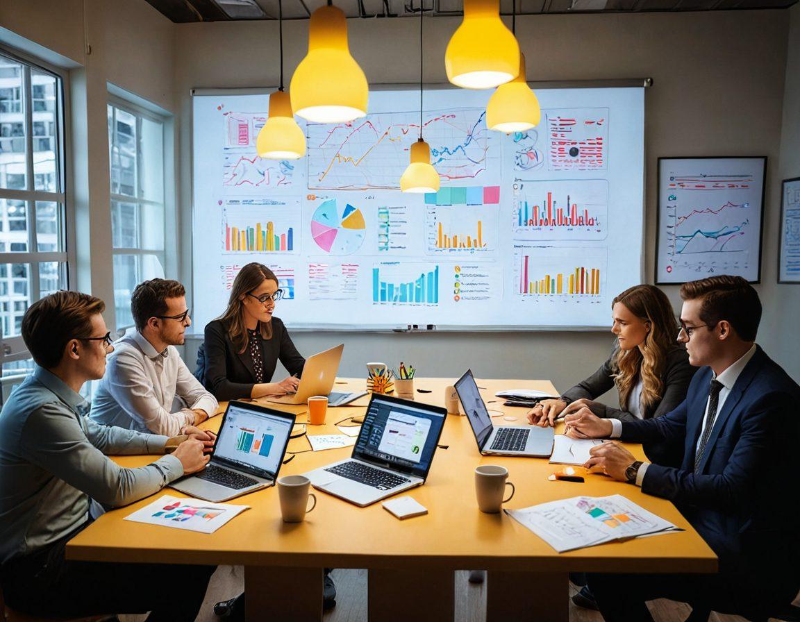 A visually engaging representation of a brainstorming session, featuring a diverse group of people collaborating over a large table filled with colorful sticky notes, laptops, and coffee cups. Above them, a glowing light bulb symbolizes bright ideas transforming into insights. Background elements include charts and graphs illustrating traffic data and user interaction metrics. The scene is bright and inspiring, radiating creativity and teamwork. super-realistic. vibrant colors. 3D.