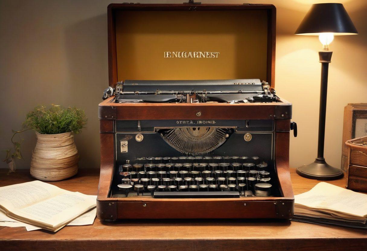 An open treasure chest overflowing with glowing keys labeled 'Engagement', 'Traffic', and 'Success', set against a backdrop of a rustic wooden desk. Surrounding the chest are scattered notes and a vintage typewriter, symbolizing the art of blogging. Soft light beams illuminate the scene, highlighting the keys and creating a sense of discovery. Retro style with warm colors. vintage art.